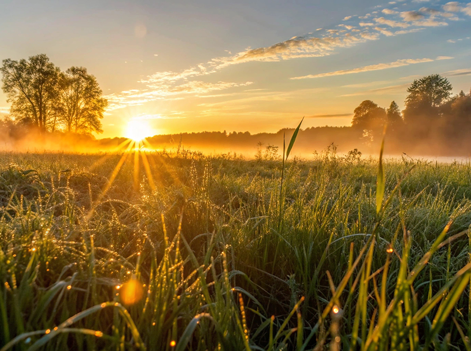 golden sunrise dewy field